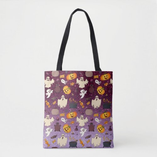 Fun Halloween Gold Glitter Ghosts Purple Pattern Tote Bag