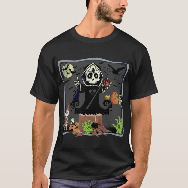 Fun Halloween Grim Reaper Zombies Pumpkin Skeleton T-Shirt (Front)