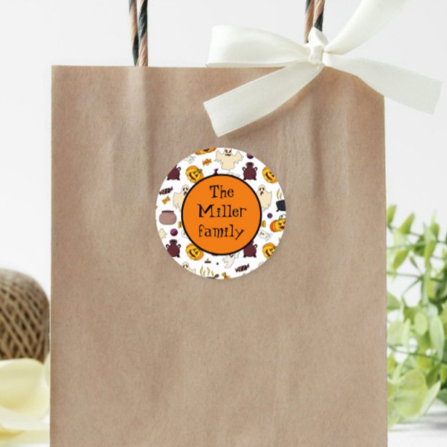 Fun Halloween Illustrations Personalized Monogram Classic Round Sticker (Creator Uploaded)