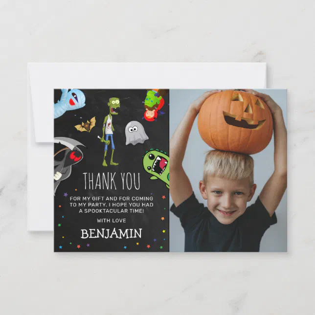 Fun Halloween Kids Birthday Party Photo Thank You Card | Zazzle