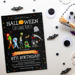 Fun Halloween Kids Costume Birthday Party Invitation<br><div class="desc">A birthday invitation for those born in October - a Halloween Costume Party! Featuring a rustic chalkboard background, colorful star confetti, cartoon fancy dress costume characters, pumpkins ghosts, monsters etc and a fun modern birthday party template that is easy to customize. If you want to change text font or color...</div>