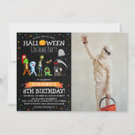 Fun Halloween Kids Costume Birthday Party Photo Invitation<br><div class="desc">A birthday invitation for those born in October - a Halloween Costume Party! Featuring a photograph of the birthday boy or girl, a rustic chalkboard background, colorful star confetti, cartoon fancy dress costume characters, pumpkins ghosts, monsters etc and a fun modern birthday party template that is easy to customize. If...</div>