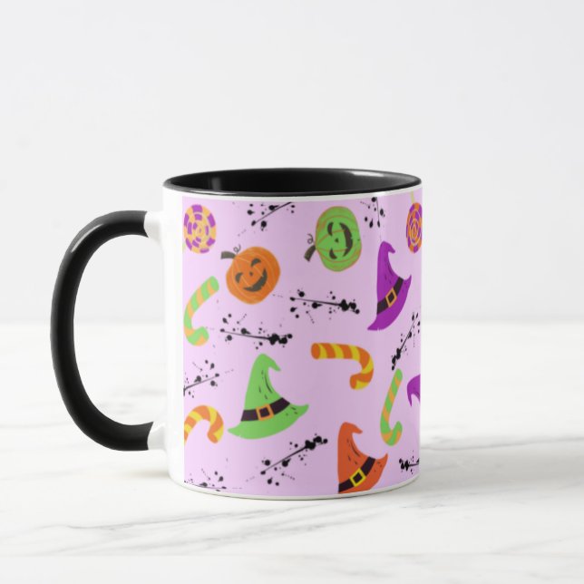 Fun Halloween Patterned Purple Background Mug (Left)
