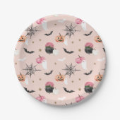 Fun Halloween Pink & Orange Pumpkin Spider Web Bat Paper Plates (Front)