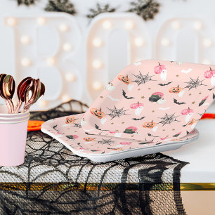 Fun Halloween Pink & Orange Pumpkin Spider Web Bat Paper Plates