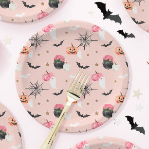 Fun Halloween Pink & Orange Pumpkin Spider Web Bat Paper Plates