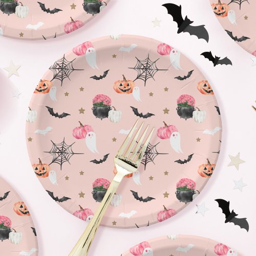 Fun Halloween Pink  Orange Pumpkin Spider Web Bat Paper Plates