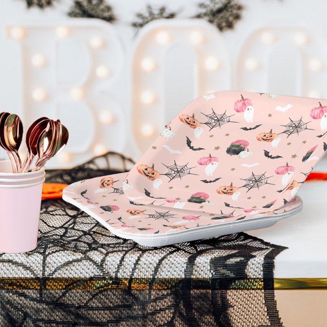 Fun Halloween Pink & Orange Pumpkin Spider Web Bat Paper Plates (Fun Halloween Pink & Orange Pumpkin Spider Web Bat Paper Plates)
