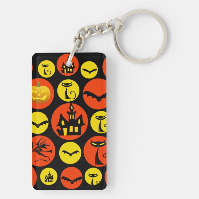 Fun Halloween Polka Dot Pattern Haunted House Keychain (Back)