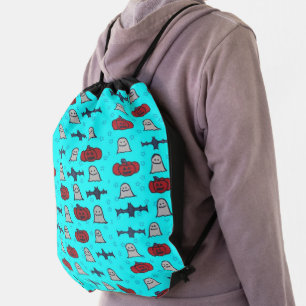 Fun Halloween Print on Blue  Drawstring Bag