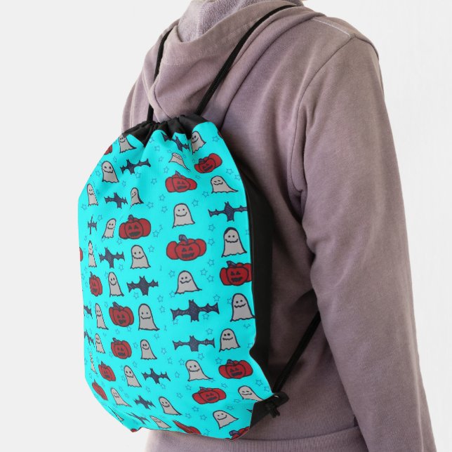 Fun Halloween Print on Blue  Drawstring Bag (Insitu)