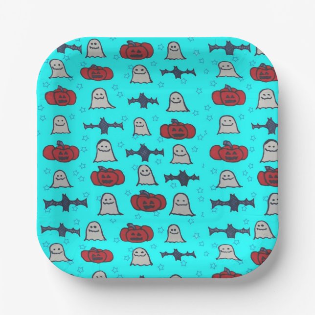 Fun Halloween Print on Blue  Paper Plates (Front)