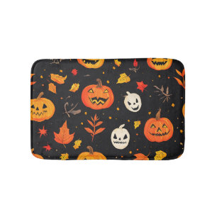 Fun Halloween Pumpkin and Leaves Print Bath Mat