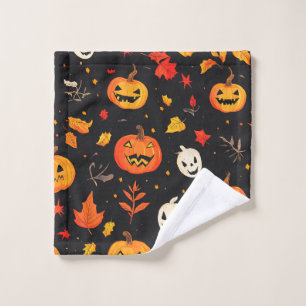 Fun Halloween Pumpkin and Leaves Print Bath Towel Set