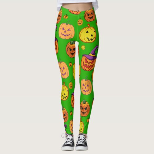 Fun Halloween Pumpkin pattern Green background Leggings