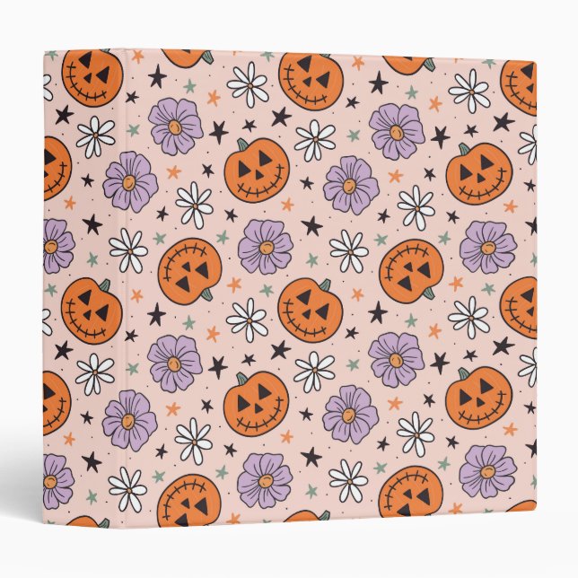 Fun Halloween Pumpkins and Flowers Pattern 3 Ring Binder (Front/Spine)