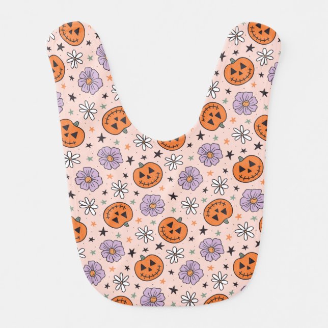 Fun Halloween Pumpkins and Flowers Pattern Baby Bib (Front)