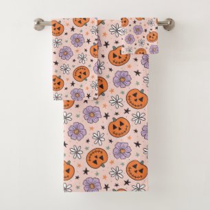 Fun Halloween Pumpkins and Flowers Pattern Bath Towel Set