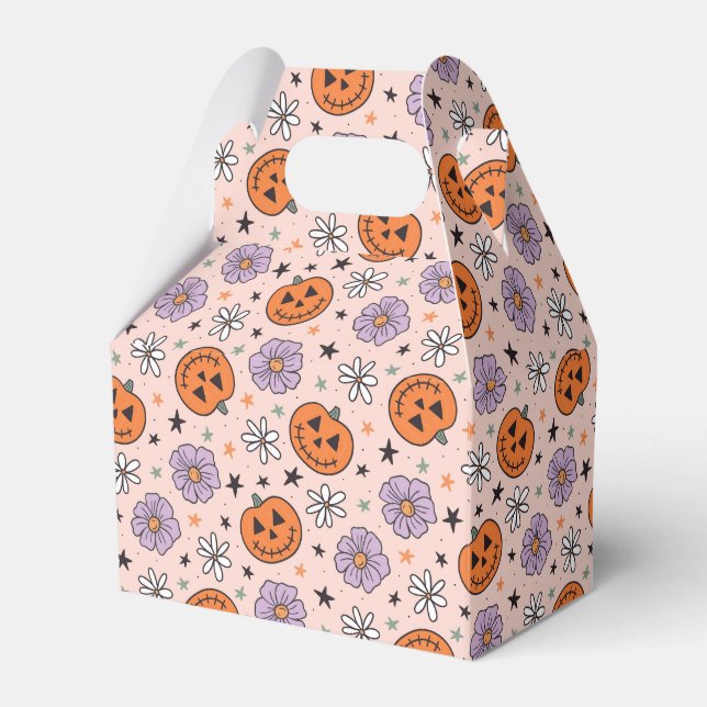 Fun Halloween Pumpkins and Flowers Pattern Favor Boxes (Front Side)