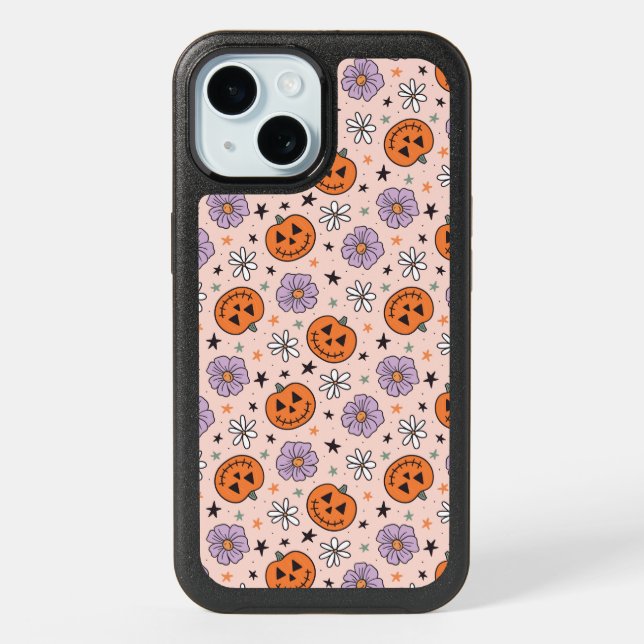 Fun Halloween Pumpkins and Flowers Pattern iPhone 15 Case (Back)