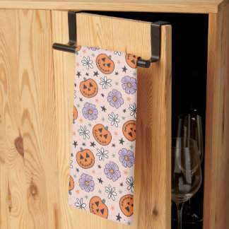 Fun Halloween Pumpkins and Flowers Pattern Kitchen Towel