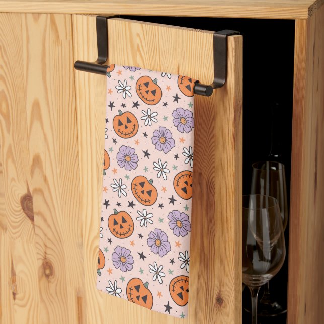 Fun Halloween Pumpkins and Flowers Pattern Kitchen Towel (Thirds Fold)