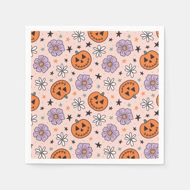 Fun Halloween Pumpkins and Flowers Pattern Napkins (Front)