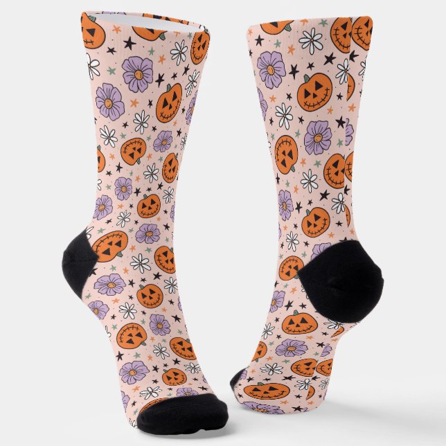 Fun Halloween Pumpkins and Flowers Pattern Socks (Angled)
