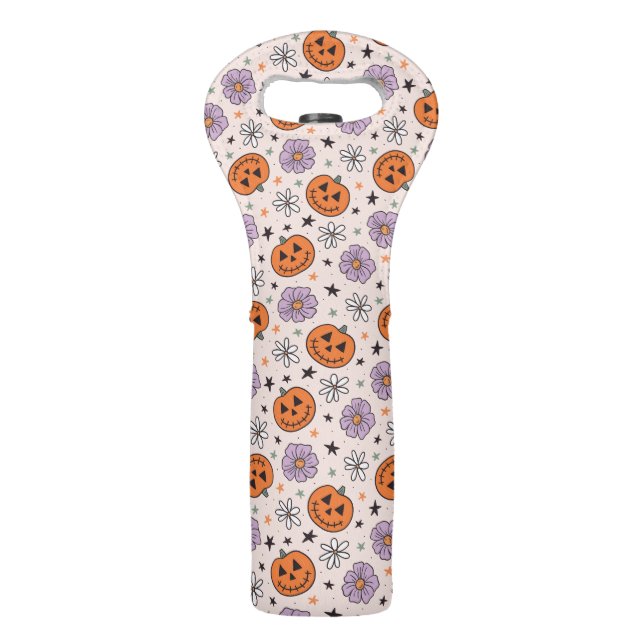 Fun Halloween Pumpkins and Flowers Pattern Wine Bag (Front)