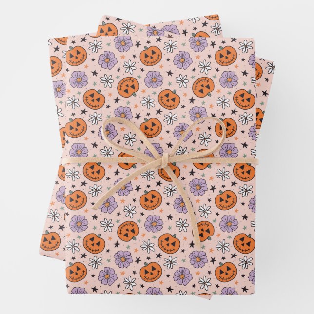 Fun Halloween Pumpkins and Flowers Pattern Wrapping Paper Sheets (In situ)