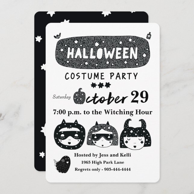 Fun halloween superhero costume party b&w invitation (Front/Back)