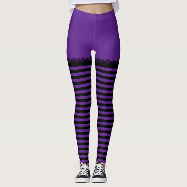 Fun Halloween Witch Purple Black Striped Leggings (Front)