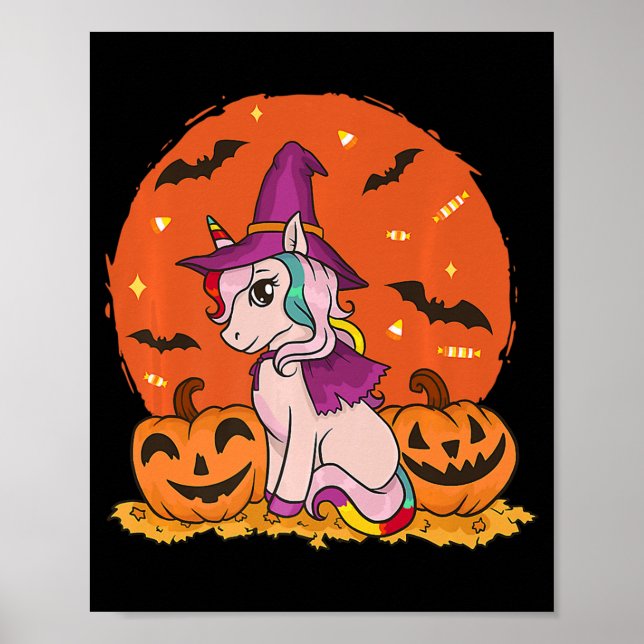 Fun Halloween Witchy Unicorn Cute Witch Pumpkin Fo Poster (Front)