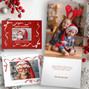 Fun Hand Drawn Christmas Ribbon Photo on Red BG Tri-Fold Holiday Card