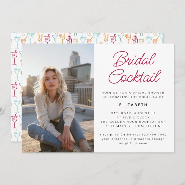 Fun Hand Drawn Cocktail Photo Bridal Shower Party  Invitation (Front/Back)