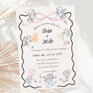 Fun Hand Drawn Cupid Bow Scribble Wavy Wedding Invitation