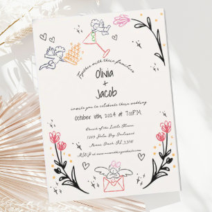 Fun Hand Drawn Cupid Wildflower Scribble Wedding Invitation