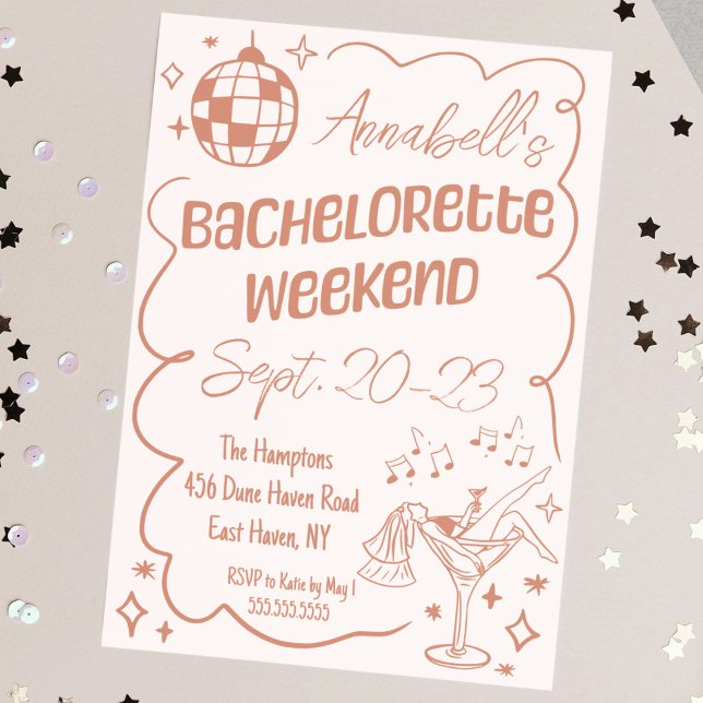 Fun Hand Drawn Disco Bachelorette Party Weekend Invitation (hand drawn pink bachelorette party weekend invitation disco champagne theme cute doodle sketch)