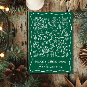Fun Hand Drawn Green White Folded Photo Christmas Holiday Card