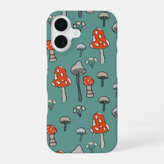 Fun, hand drawn mushrooms on bright blue backgroun iPhone 16 case