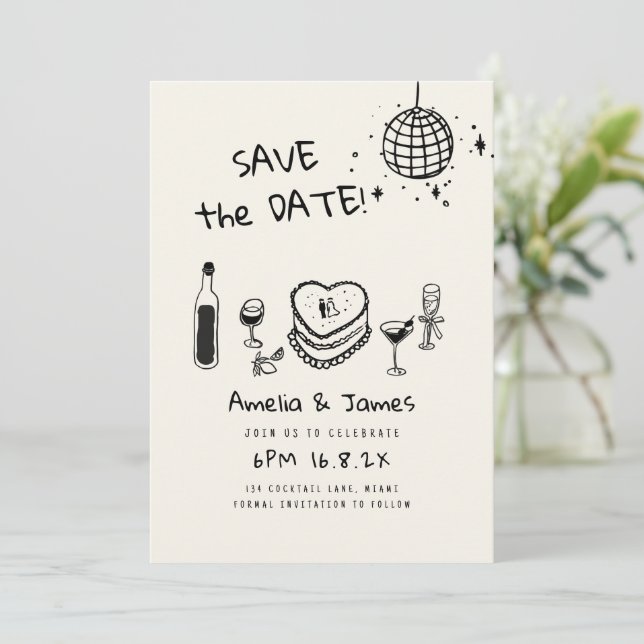 Fun Hand Drawn Save the date wedding Invitation (Standing Front)