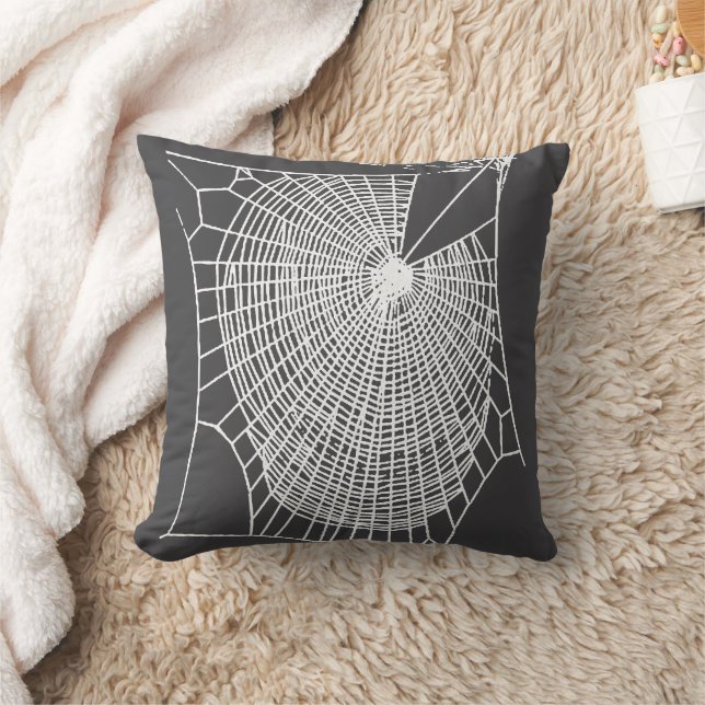 Fun Hand Drawn Spooky Halloween Cobweb White Throw Pillow (Blanket)