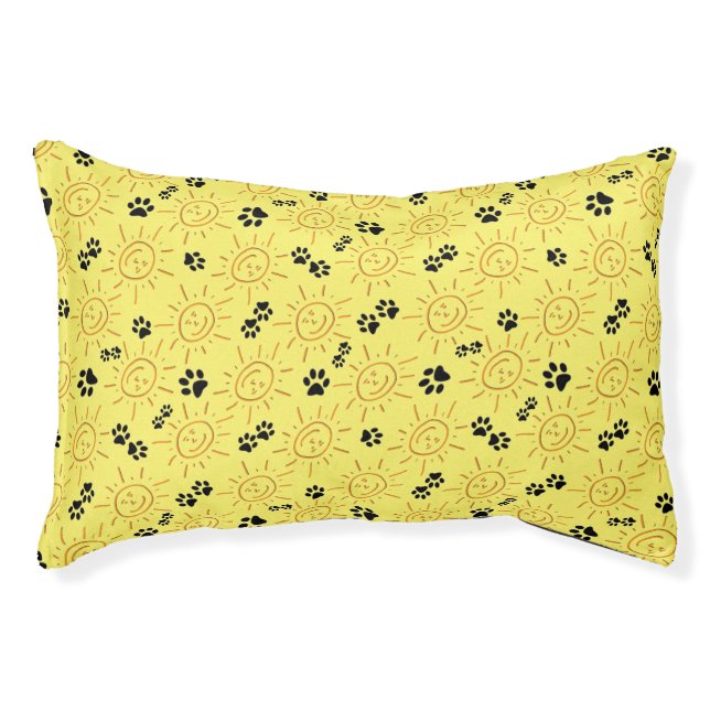 Fun Hand Drawn Sunshine Black Paws Over Yellow Pet Bed (Front)