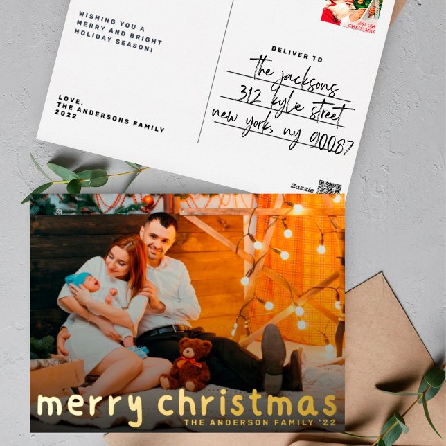 FUN hand written | Merry Christmas Gold Photo Foil Holiday Postcard (Creator Uploaded)