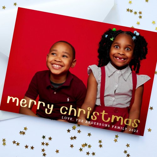 fun hand written Script photo Merry Christmas Foil Holiday Card