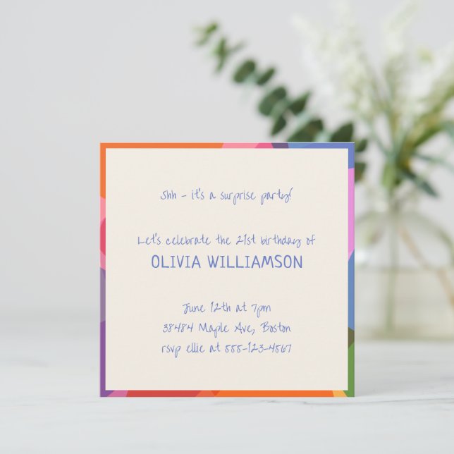 Fun Handwritten Colorful Surprise Party Birthday Invitation (Standing Front)