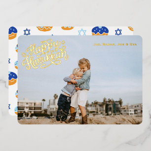 Fun Hanukkah Stars & Jelly Donut Patterned Gold Foil Holiday Card