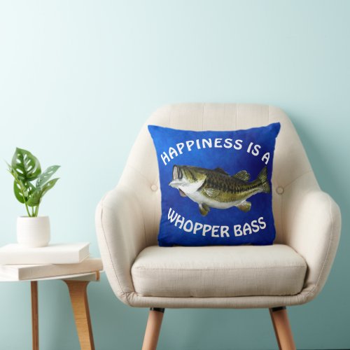 Fun Happiness Is Largemouth Bass on Blue Throw Pillow