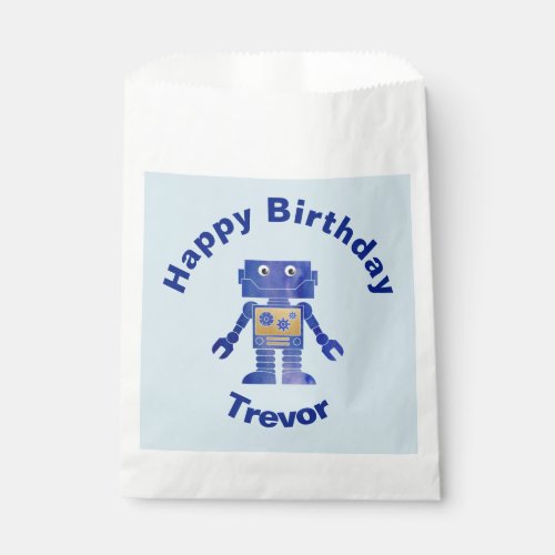 Fun Happy Birthday Blue and Gold Robot with Name Favor Bag