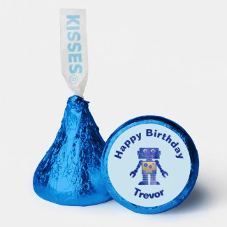 Fun Happy Birthday Blue and Gold Robot with Name Hershey®'s Kisses®